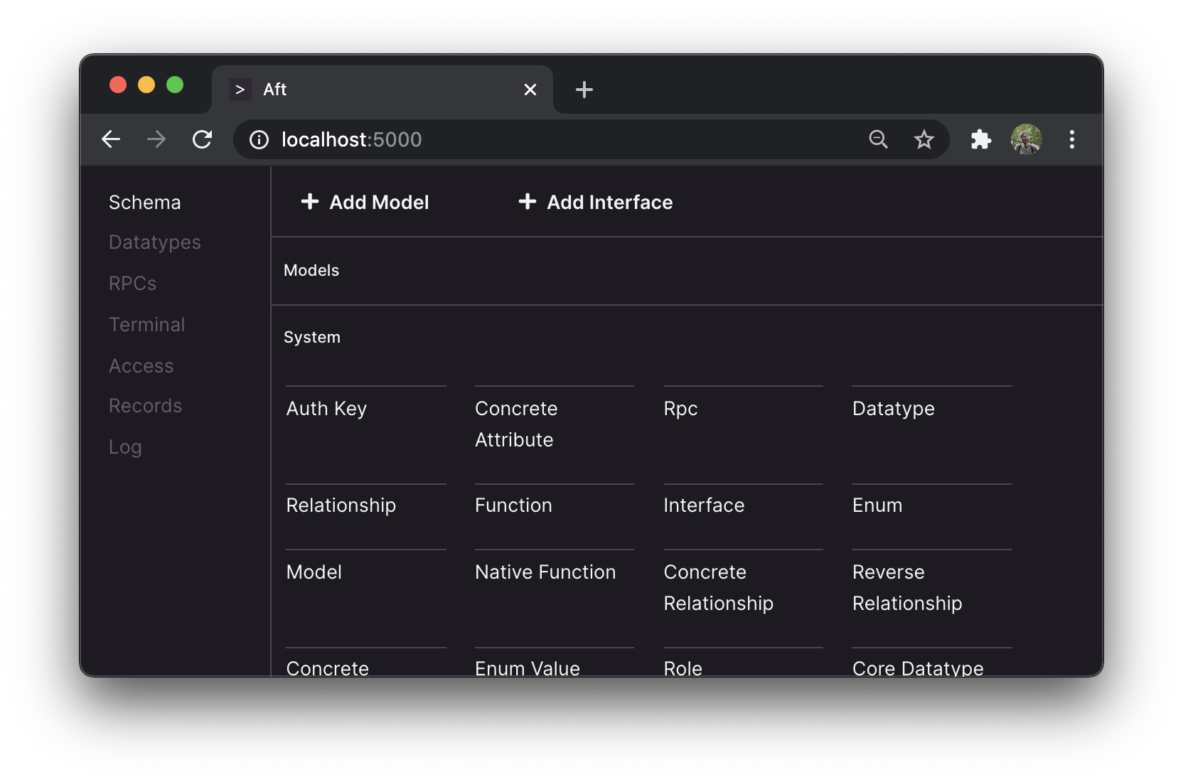 Screenshot of the schema page